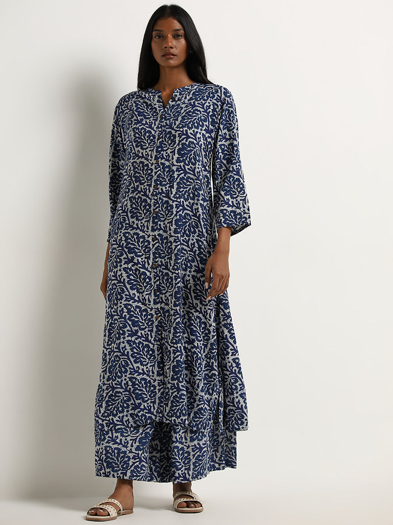 Utsa Blue Leaf Printed High-Rise Palazzos