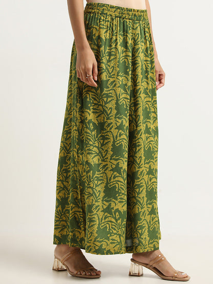 Utsa Dark Green Foliage Print High-Rise Palazzos