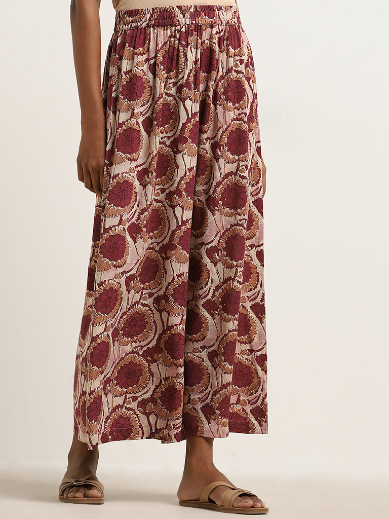 Utsa Maroon Floral Printed High-Rise Palazzos