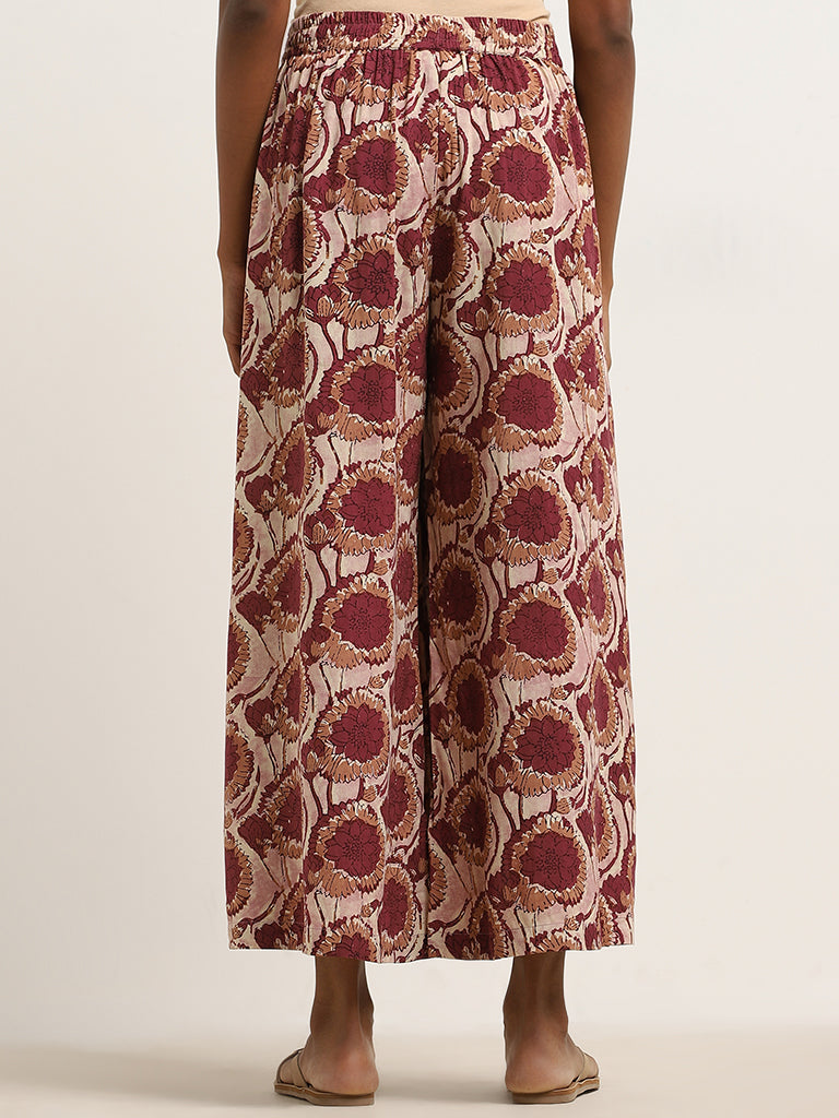 Utsa Maroon Floral Printed High-Rise Palazzos