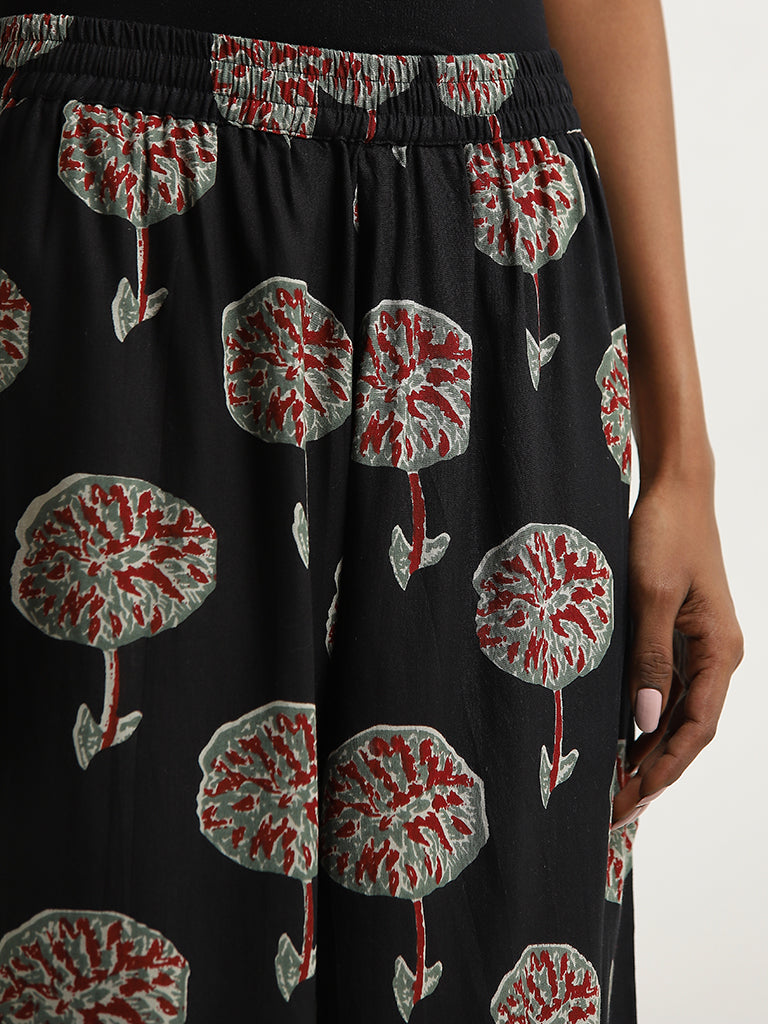 Utsa Black Foliage Printed High-Rise Palazzos