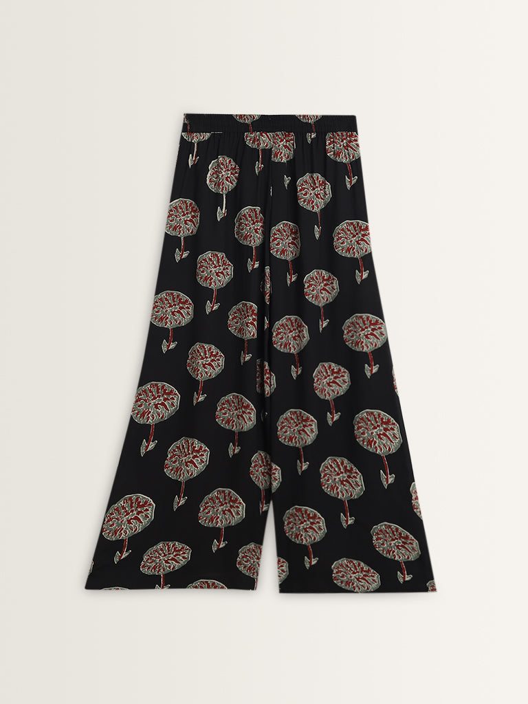 Utsa Black Foliage Printed High-Rise Palazzos