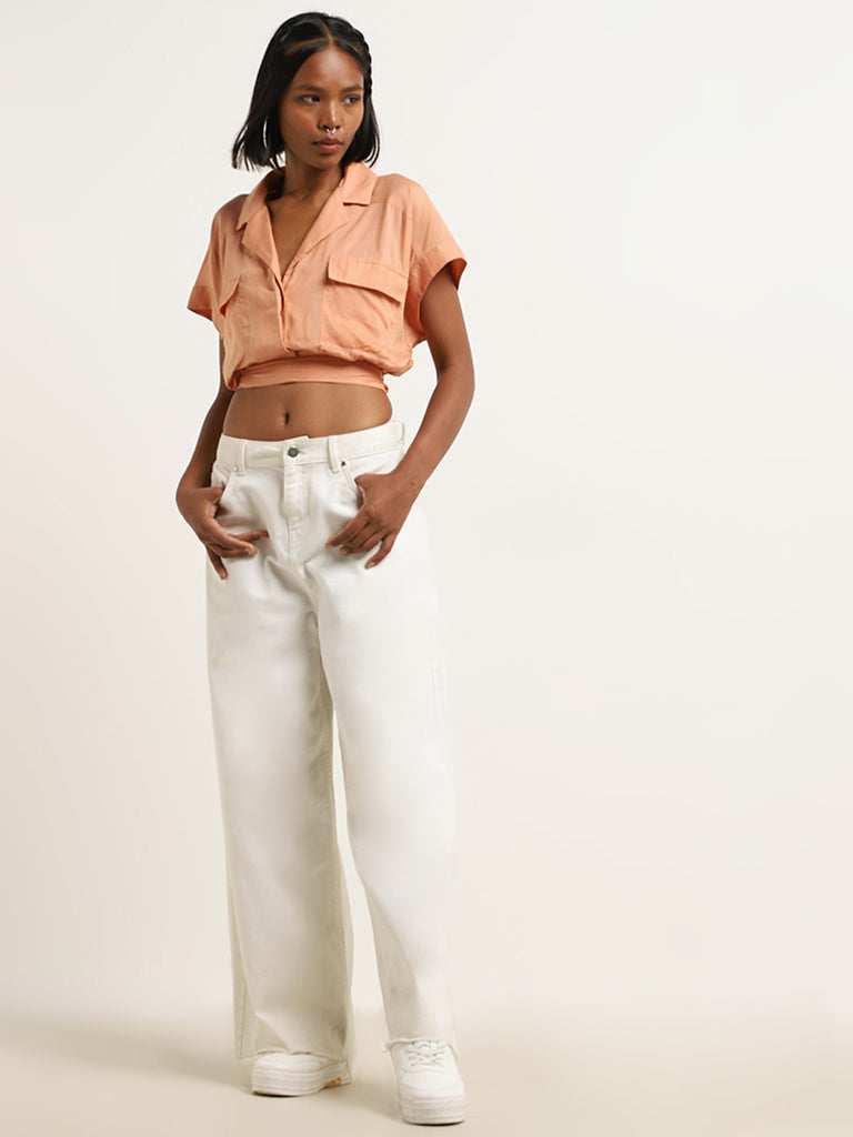 Nuon Light Orange Solid Crop Top with Belt