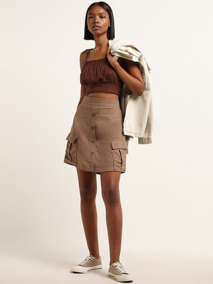 Nuon Brown Solid Cropped Cotton Top