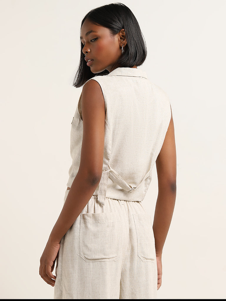 Nuon Beige Waistcoat-Style Blended Linen Top