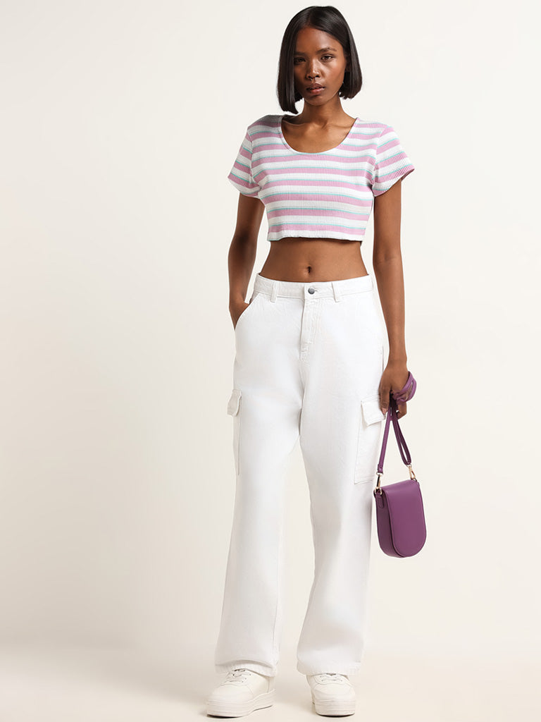 Nuon Lilac Striped Cotton Blend Crop Top