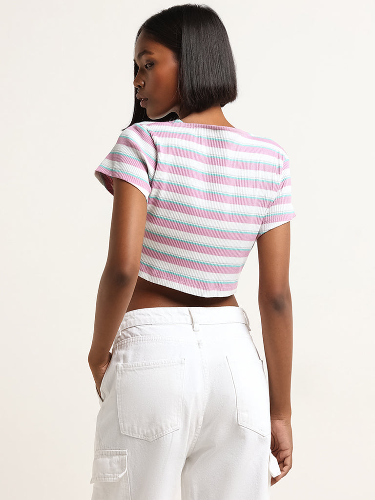 Nuon Lilac Striped Cotton Blend Crop Top