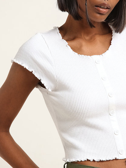 Nuon White Cotton Blend Ribbed Top