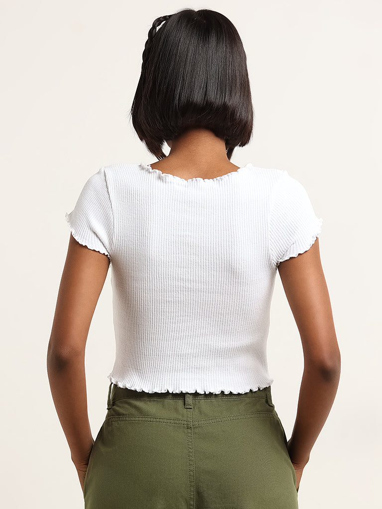 Nuon White Cotton Blend Ribbed Top