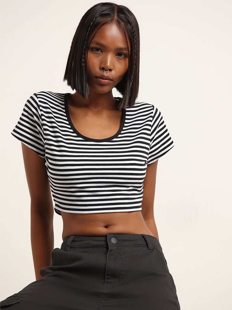 Nuon Black & White Striped Crop Top