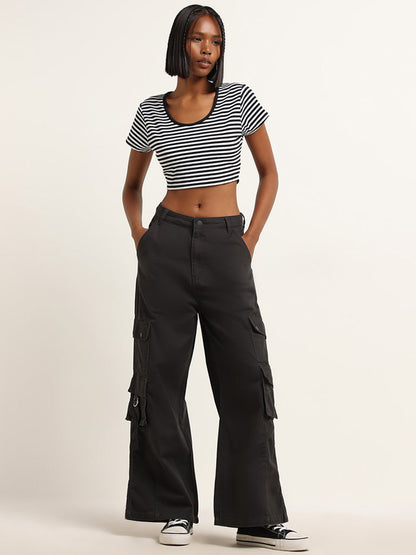 Nuon Black & White Striped Crop Top