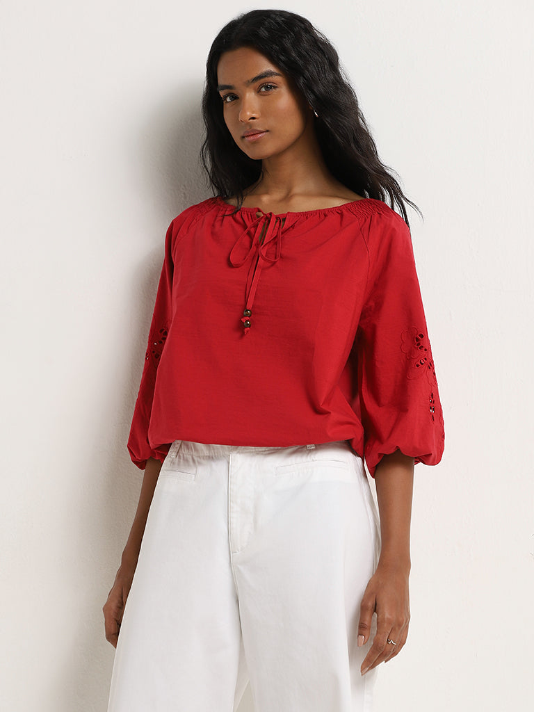 LOV Red Schiffli Design Cotton Blouse