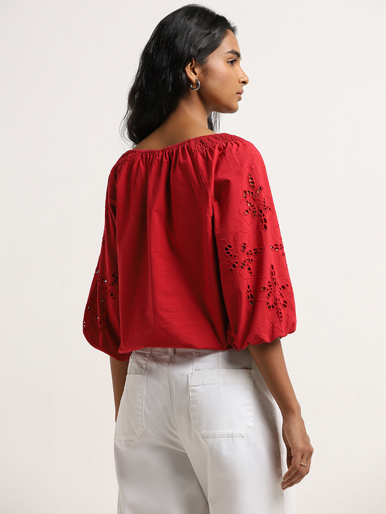 LOV Red Schiffli Design Cotton Blouse