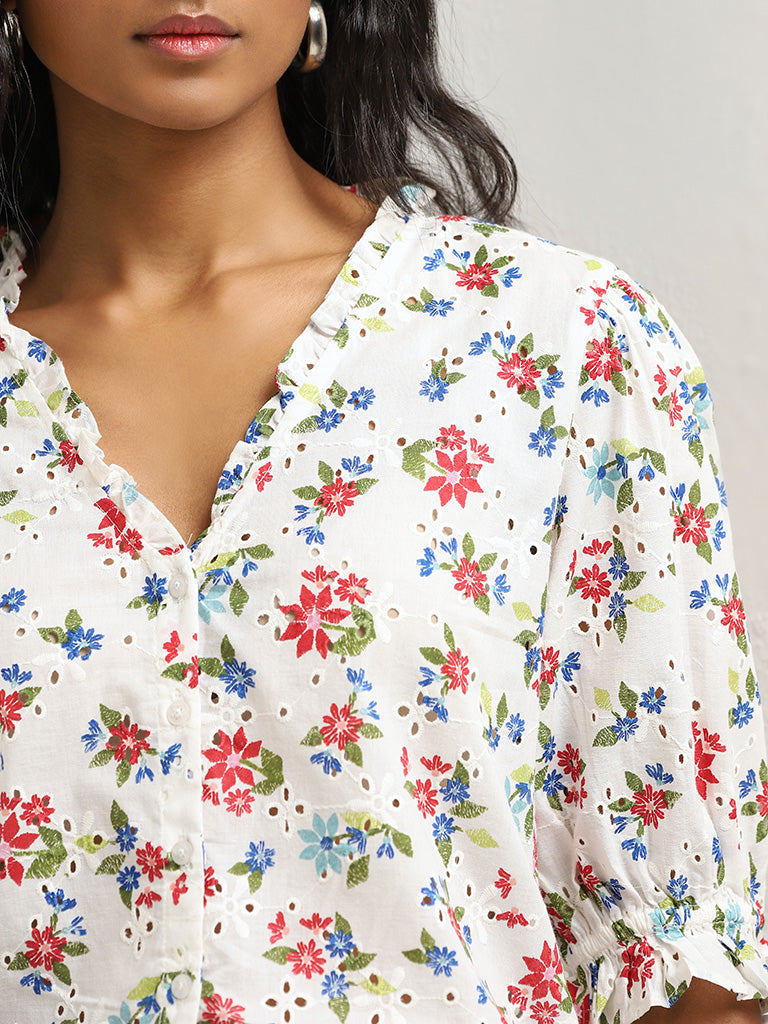 LOV White Floral Patterned Cotton Blouse