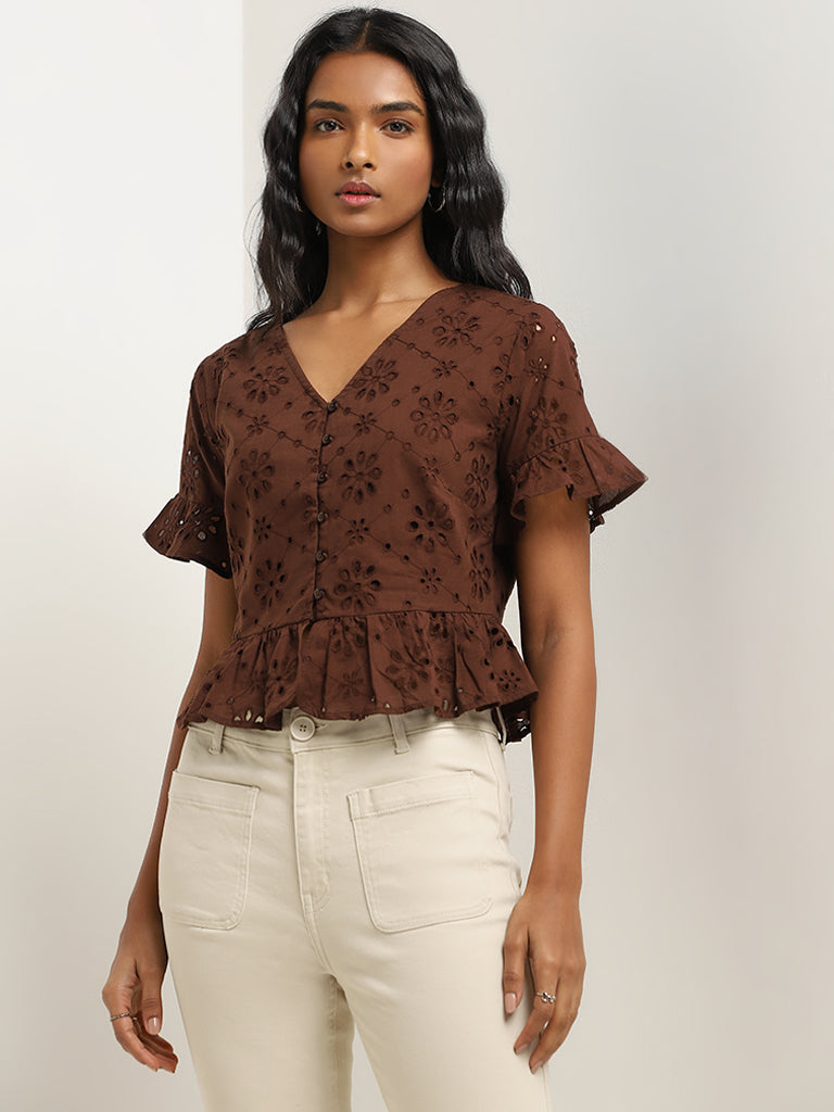 LOV Dark Brown Schiffli Design Cotton Top