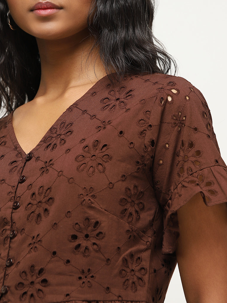 LOV Dark Brown Schiffli Design Cotton Top