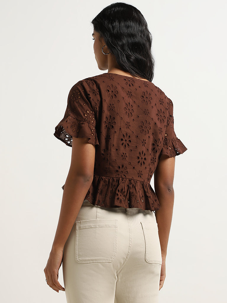 LOV Dark Brown Schiffli Design Cotton Top