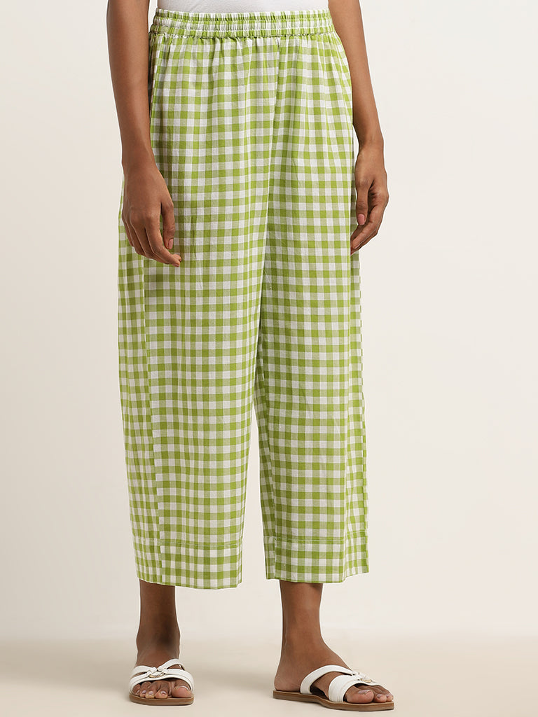 Utsa Green Checkered Design High-Rise Cotton Palazzos