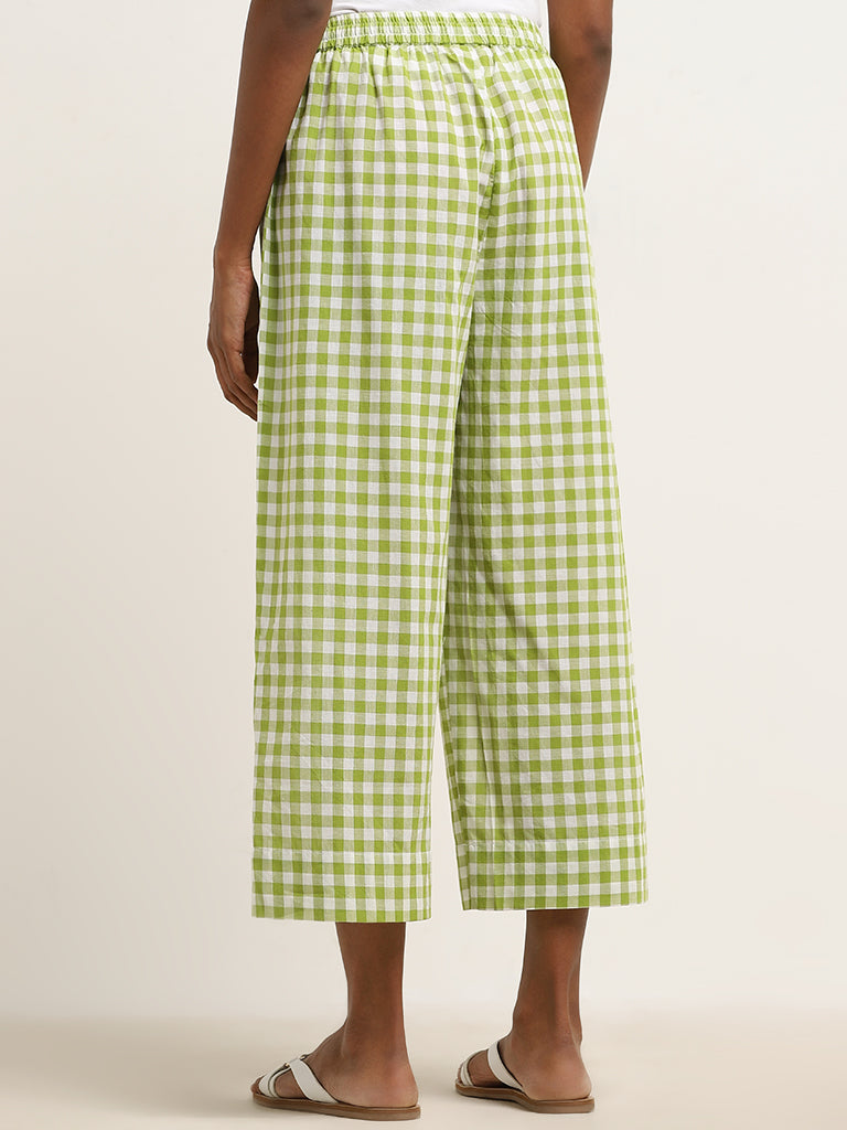 Utsa Green Checkered Design High-Rise Cotton Palazzos