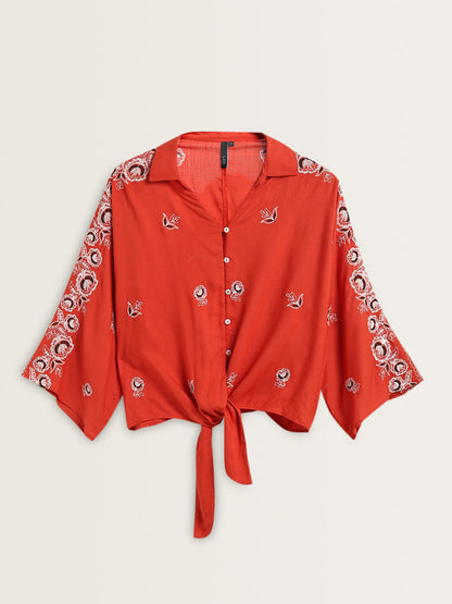 LOV Dark Orange Floral Embroidered Tie-Up Top