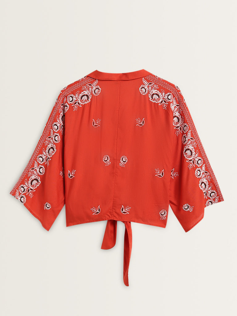 LOV Dark Orange Floral Embroidered Tie-Up Top