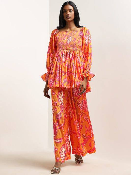 Vark Orange Floral Peplum Top Set