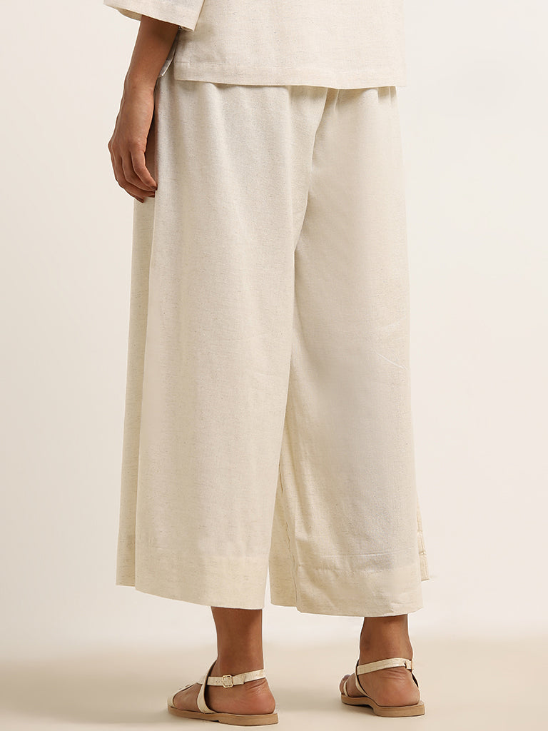 Utsa Beige Flared High-Rise Cotton Blend Palazzos