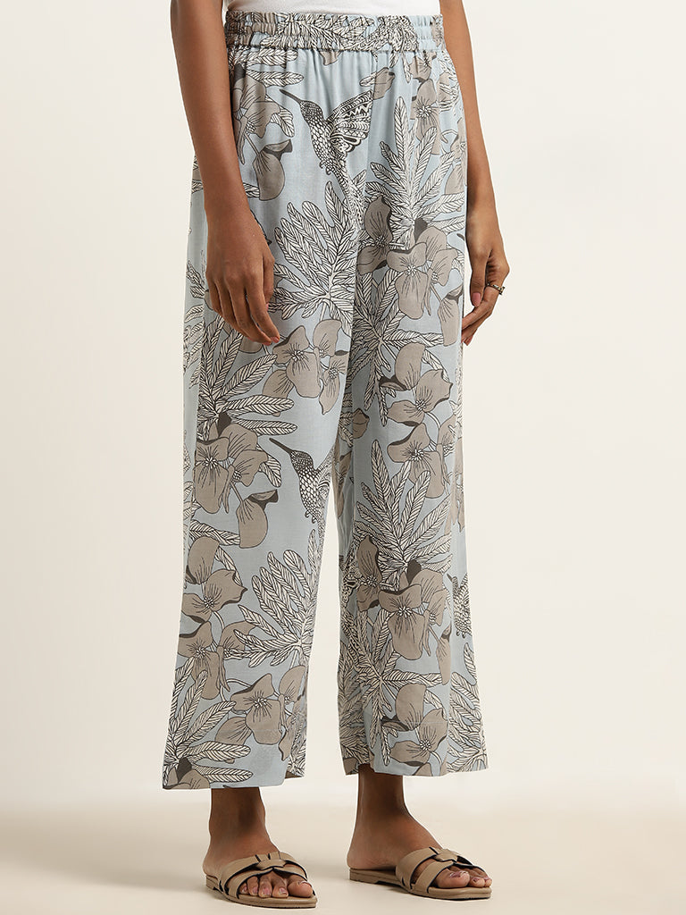 Utsa Dusty Blue Foliage Printed High-Rise Palazzos