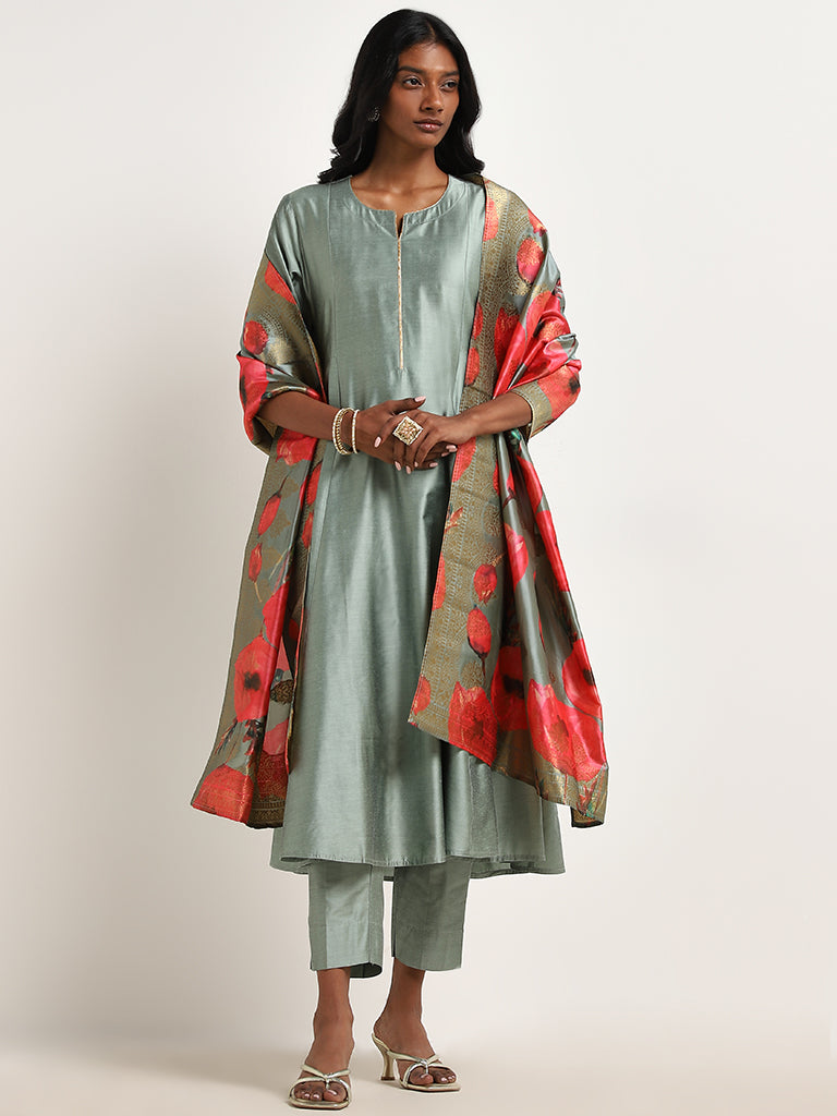 Vark Sage Floral A-Line Kurta, Pants & Dupatta Set