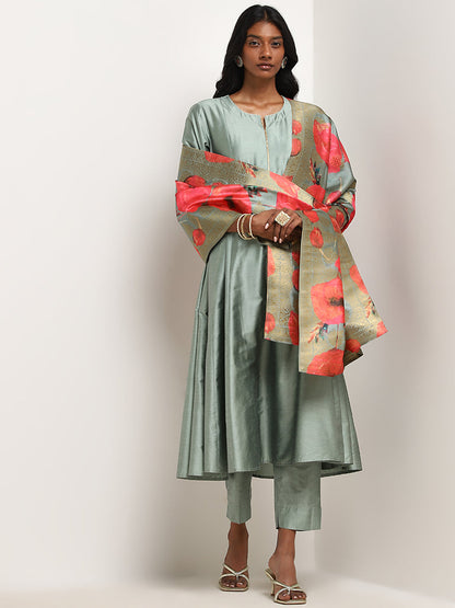 Vark Sage Floral A-Line Kurta, Pants & Dupatta Set