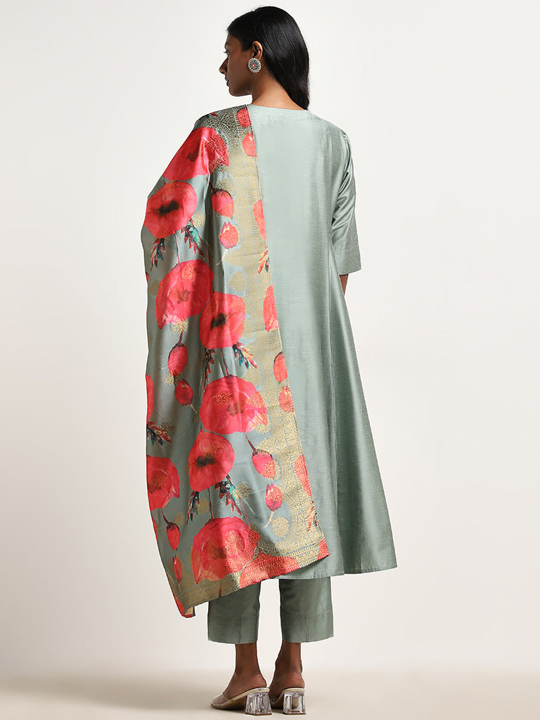 Vark Sage Floral A-Line Kurta, Pants & Dupatta Set