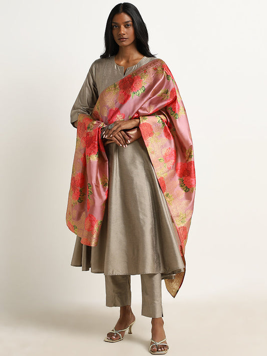 Vark Grey Floral A-Line Kurta, Pants & Dupatta Set