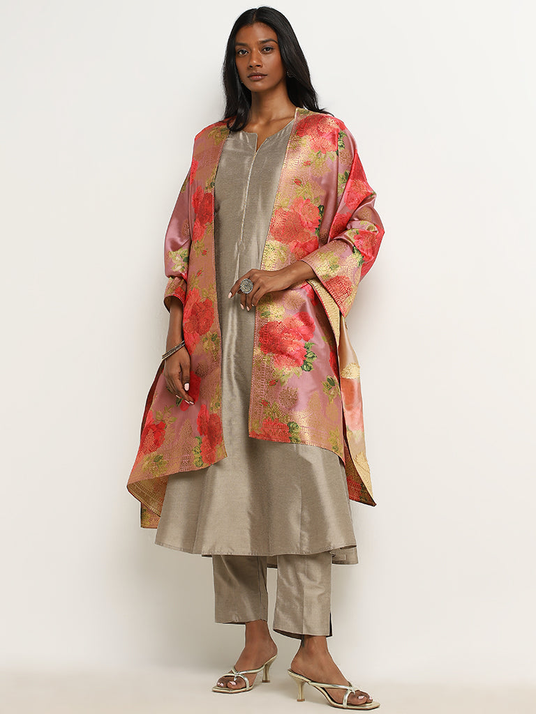 Vark Grey Floral A-Line Kurta, Pants & Dupatta Set