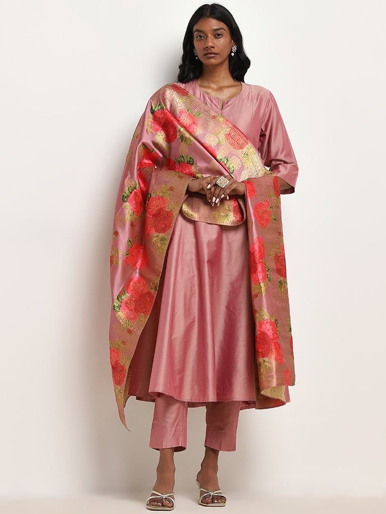 Vark Peach Floral A-Line Kurta, Pants & Dupatta Set