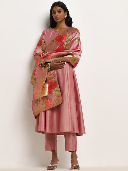 Vark Peach Floral A-Line Kurta, Pants & Dupatta Set