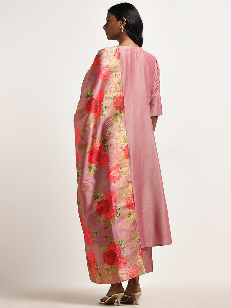 Vark Peach Floral A-Line Kurta, Pants & Dupatta Set