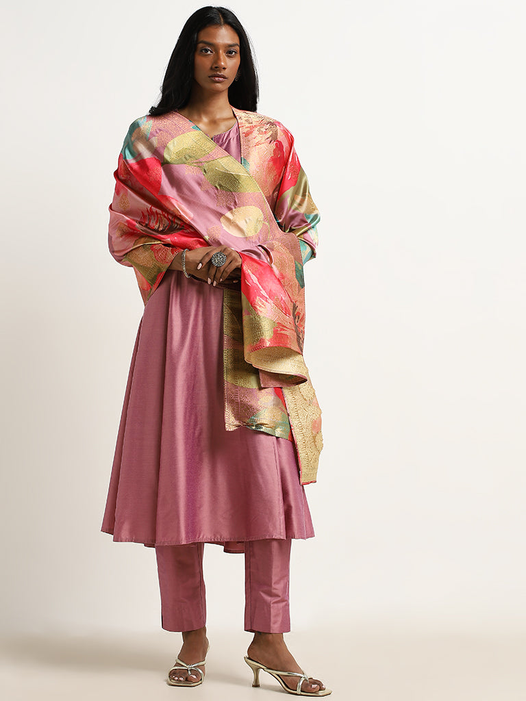 Vark Pink Floral Printed A-Line Kurta, Pants & Dupatta Set