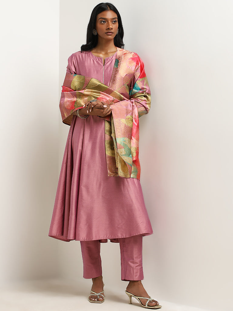 Vark Pink Floral Printed A-Line Kurta, Pants & Dupatta Set