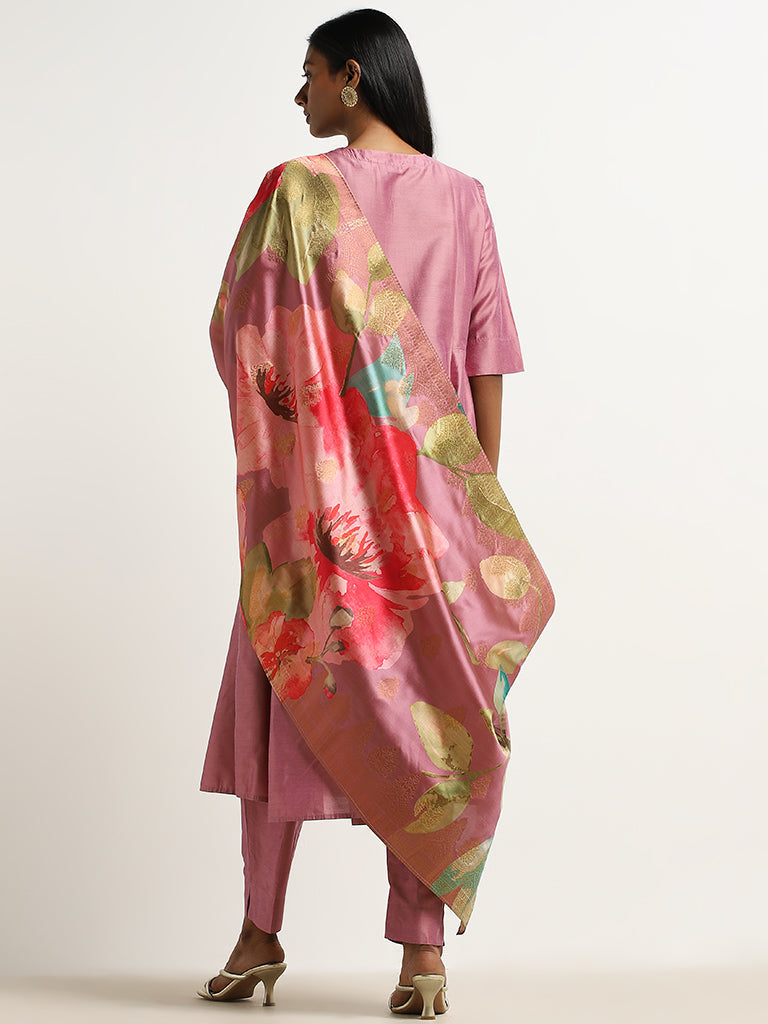 Vark Pink Floral Printed A-Line Kurta, Pants & Dupatta Set