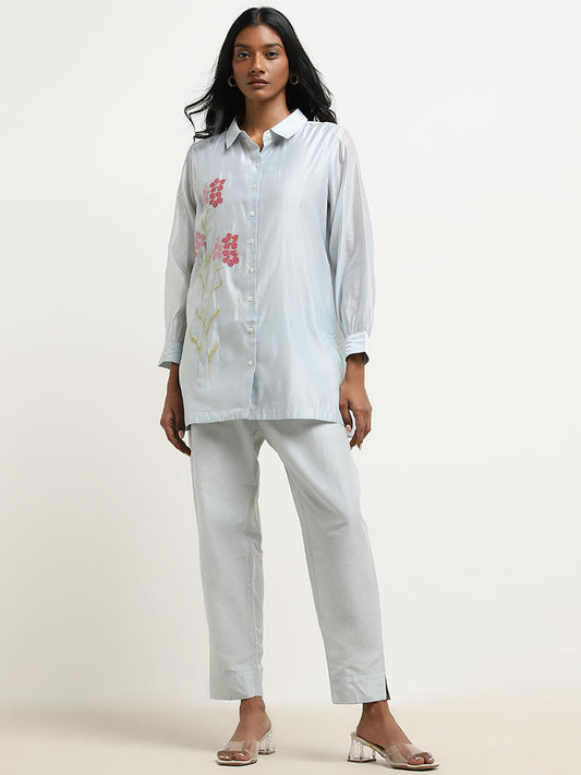 Vark Light Blue Floral Embroidered Straight Tunic & Ethnic Pants Set