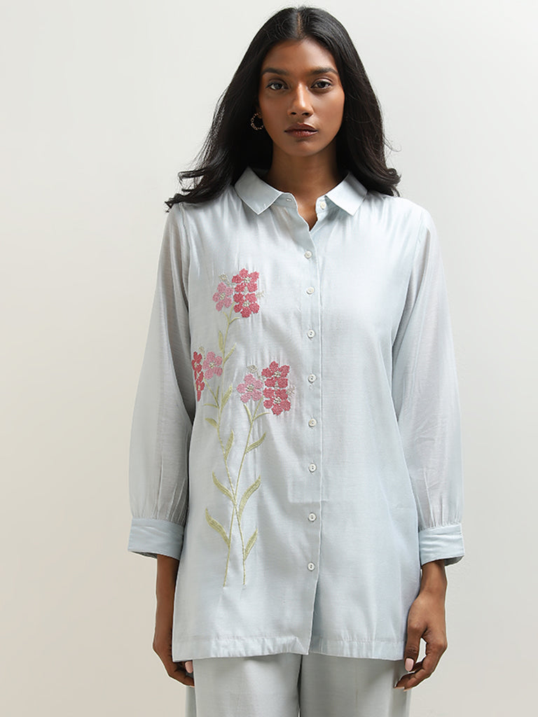 Vark Light Blue Floral Embroidered Straight Tunic & Ethnic Pants Set