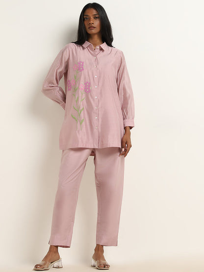 Vark Light Pink Floral Embroidered Straight Tunic & Ethnic Pants Set