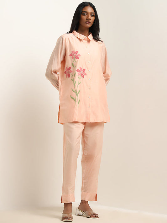 Vark Peach Floral Embroidered Straight Tunic & Ethnic Pants Set