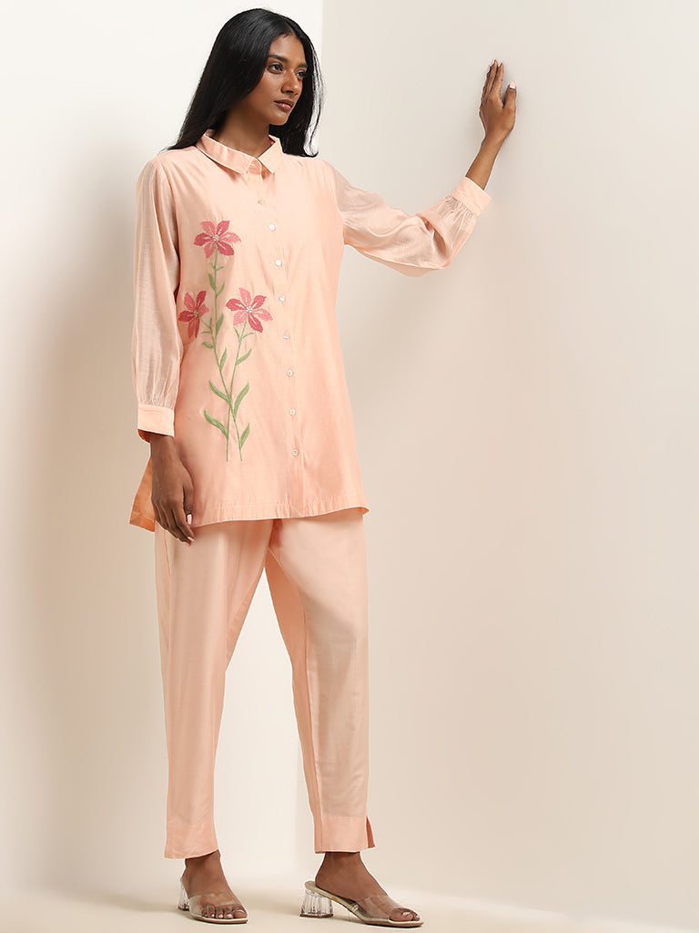 Vark Peach Floral Embroidered Straight Tunic & Ethnic Pants Set