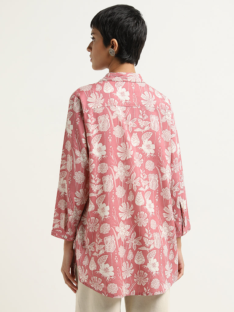 Utsa Light Red Floral Design Straight Tunic