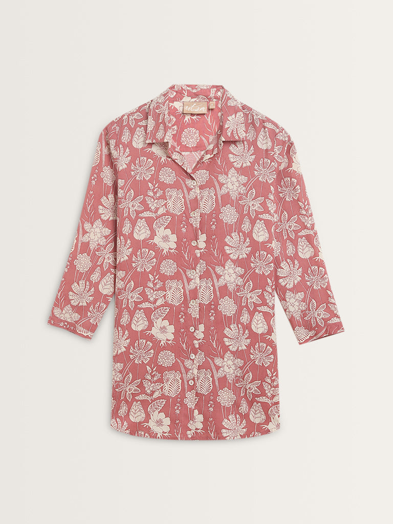 Utsa Light Red Floral Design Straight Tunic