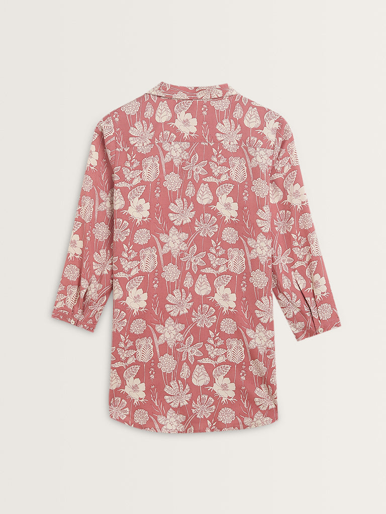 Utsa Light Red Floral Design Straight Tunic