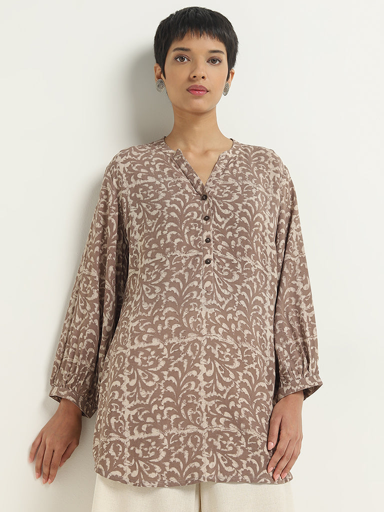 Utsa Light Brown Leaf Printed Straight Kurti