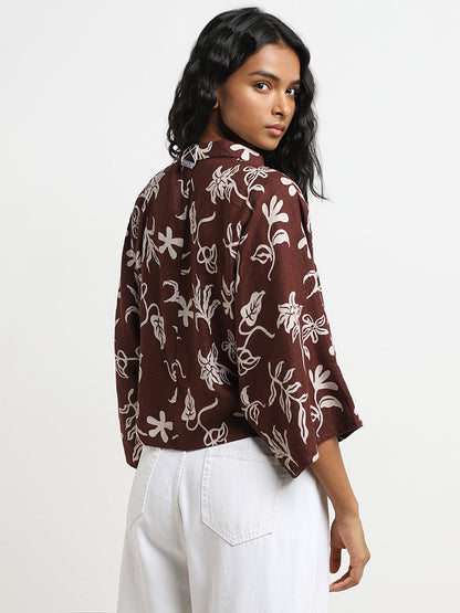 LOV Brown Floral Print Blended Linen Blouse