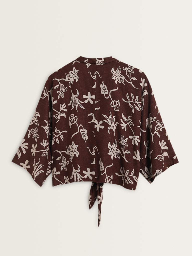 LOV Brown Floral Print Blended Linen Blouse